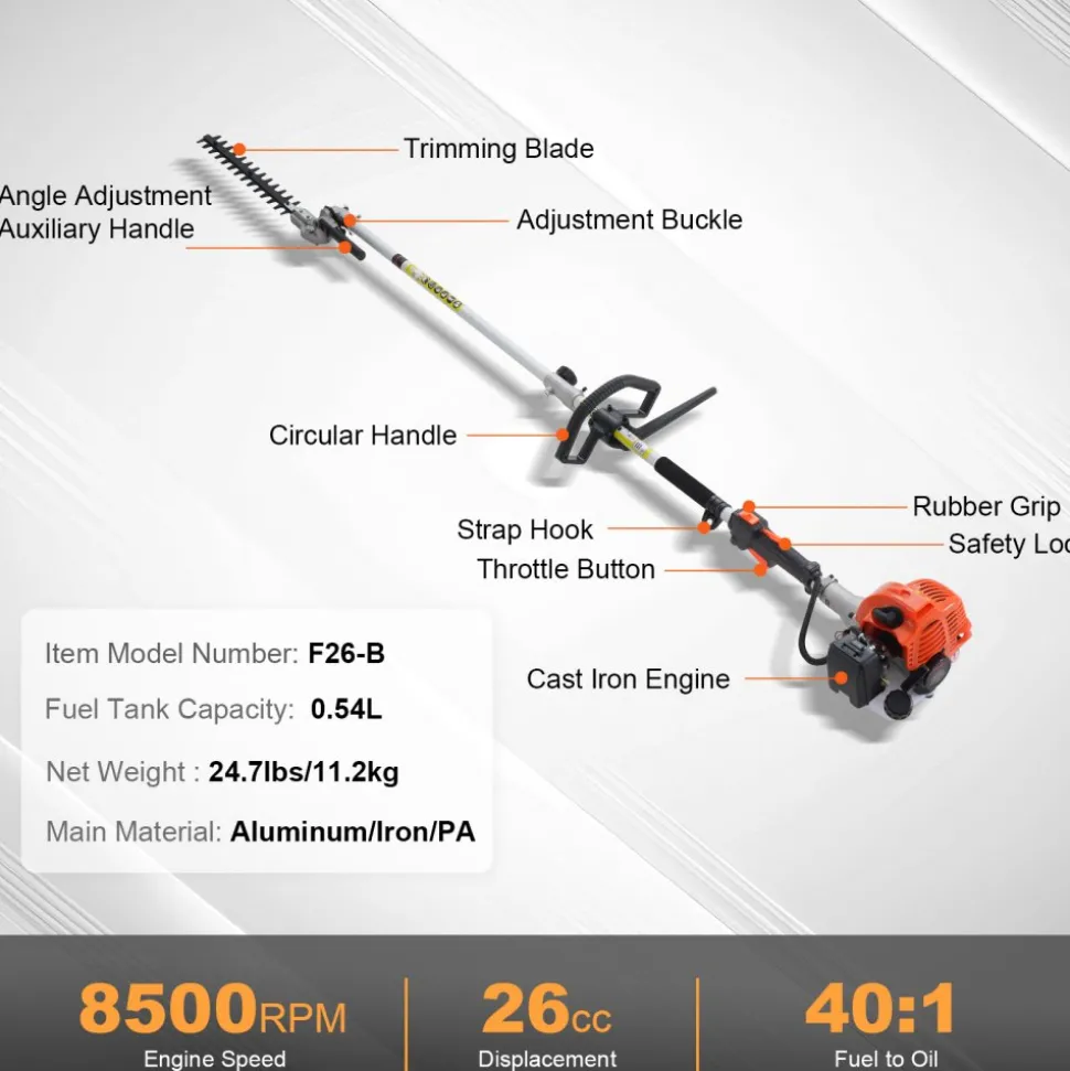 VEVOR 15.7-inch 26CC 2 Cycle Gas Hedge Trimmer, Gas Powered Pole Hedge Trimmer with Dual Sided Dual Action Blade, 270° Adjustable Trimmer Head, Suitable for Trimming Shrubs, Bushes