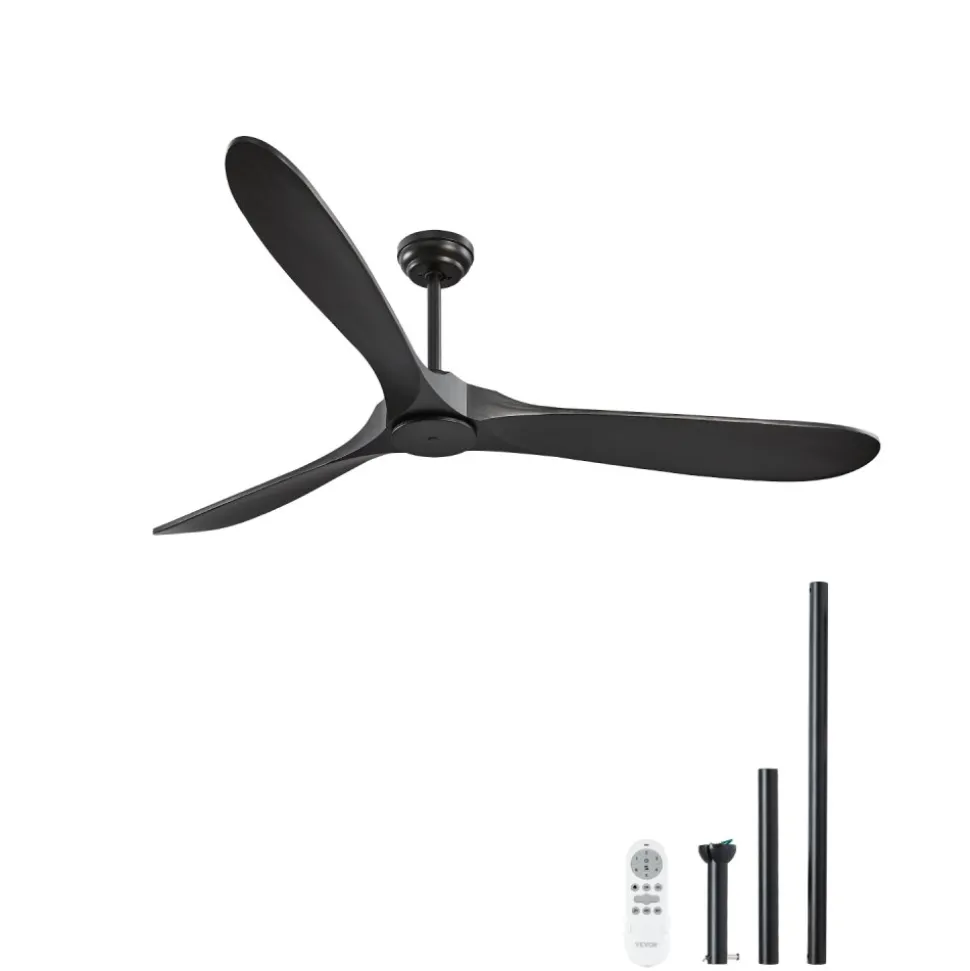 VEVOR 72 Inch Ceiling Fan without Light, 6-Speed Remote Control, 3-Wood-Blade, Reversible DC Motor, Modern Low Profile Flush Mount Exterior Fan for Bedroom, Living Room, Patio, Indoor/Outdoor, Black