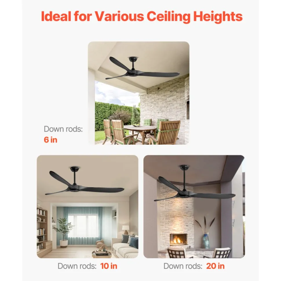 VEVOR 72 Inch Ceiling Fan without Light, 6-Speed Remote Control, 3-Wood-Blade, Reversible DC Motor, Modern Low Profile Flush Mount Exterior Fan for Bedroom, Living Room, Patio, Indoor/Outdoor, Black