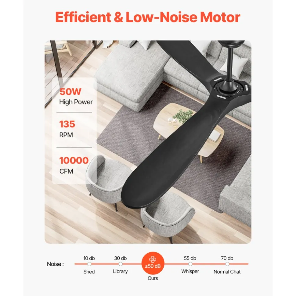 VEVOR 72 Inch Ceiling Fan without Light, 6-Speed Remote Control, 3-Wood-Blade, Reversible DC Motor, Modern Low Profile Flush Mount Exterior Fan for Bedroom, Living Room, Patio, Indoor/Outdoor, Black