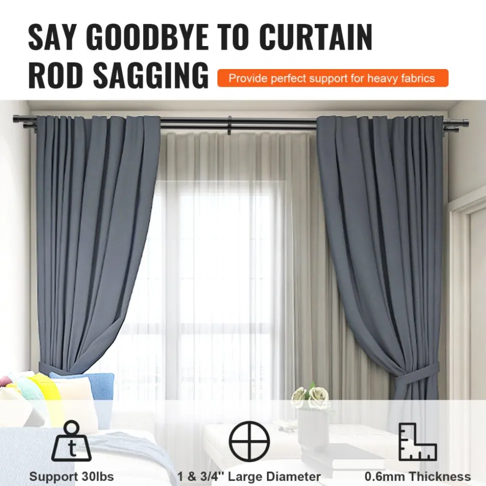 VEVOR 1 Inch Double Curtain Rods 36 to 72 Inches(3-6ft), Drapery Rods for Windows 24 to 68 Inches, Telescoping Dual Curtain Rod with Round Finials, Black