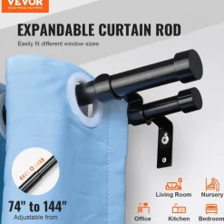 VEVOR 1 Inch Double Curtain Rods 74 to 144 Inches(6-12ft), Drapery Rods for Windows 69 to 140 Inches, Telescoping Dual Curtain Rod with Round Finials, Black