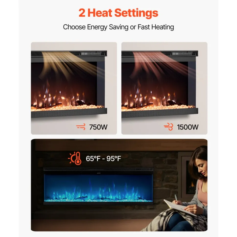 VEVOR 72 inch Electric Fireplace, Three-Sided Glass Wall Mounted Recessed Fire Place with Remote Control, Timer, 1500W, Adjustable Flame Color Brightness,Overheat Protection, for Living Room,Bedroom