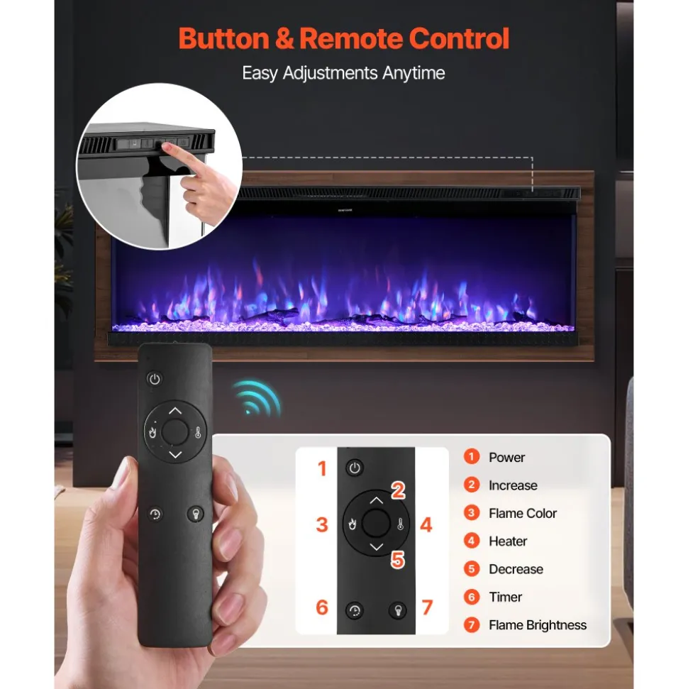 VEVOR 72 inch Electric Fireplace, Three-Sided Glass Wall Mounted Recessed Fire Place with Remote Control, Timer, 1500W, Adjustable Flame Color Brightness,Overheat Protection, for Living Room,Bedroom
