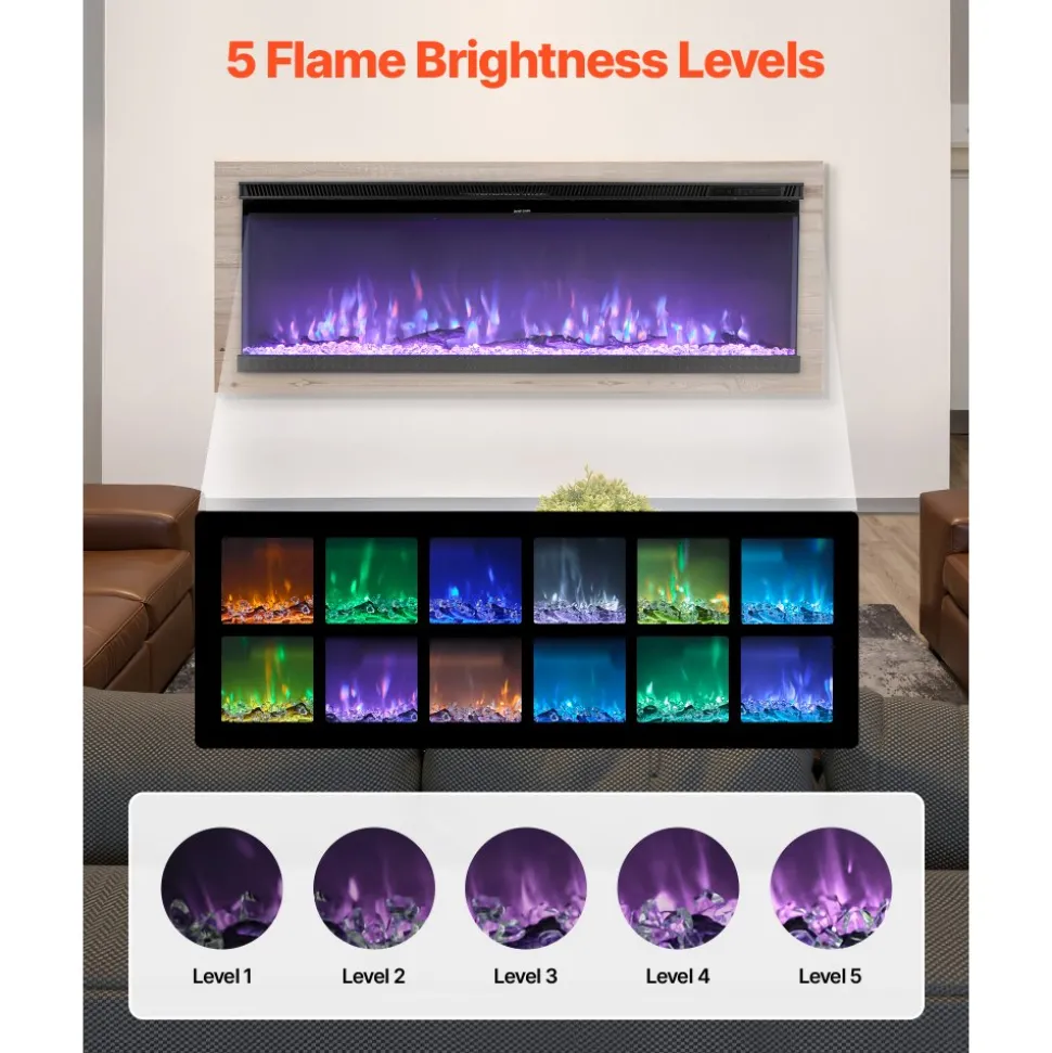 VEVOR 72 inch Electric Fireplace, Three-Sided Glass Wall Mounted Recessed Fire Place with Remote Control, Timer, 1500W, Adjustable Flame Color Brightness,Overheat Protection, for Living Room,Bedroom