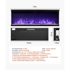 VEVOR 72 inch Electric Fireplace, Three-Sided Glass Wall Mounted Recessed Fire Place with Remote Control, Timer, 1500W, Adjustable Flame Color Brightness,Overheat Protection, for Living Room,Bedroom
