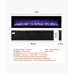 VEVOR 60 inch Electric Fireplace, Three-Sided Glass Wall Mounted Recessed Fire Place with Remote Control, Timer, 1500W, Adjustable Flame Color Brightness,Overheat Protection, for Living Room,Bedroom