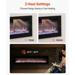 VEVOR 60 inch Electric Fireplace, Three-Sided Glass Wall Mounted Recessed Fire Place with Remote Control, Timer, 1500W, Adjustable Flame Color Brightness,Overheat Protection, for Living Room,Bedroom