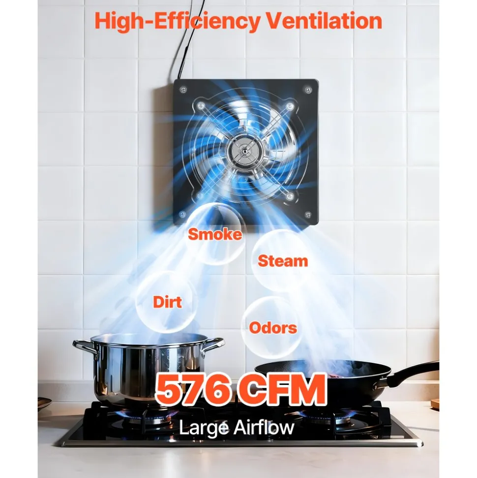 VEVOR 8 Inch Exhaust Fan, 576 CFM High Velocity Wall Mount Vent Fan with On/Off Control, Low Consumption, Portable Ventilation Extractor for Attic,Garage,Basement,Workshop,Kitchen, Chicken Coop,Black
