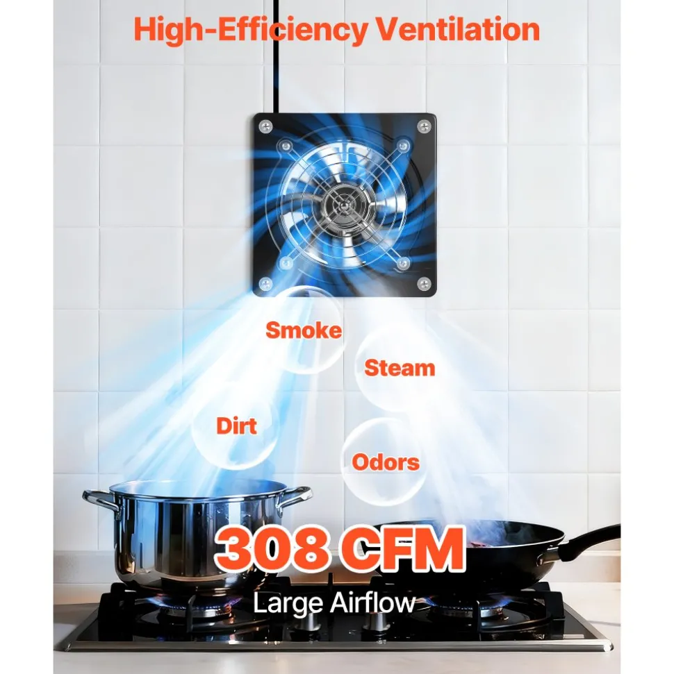 VEVOR 6 Inch Exhaust Fan, 308 CFM High Velocity Wall Mount Vent Fan with On/Off Control, Low Consumption, Portable Ventilation Extractor for Attic,Garage,Basement,Workshop,Kitchen, Chicken Coop,Black