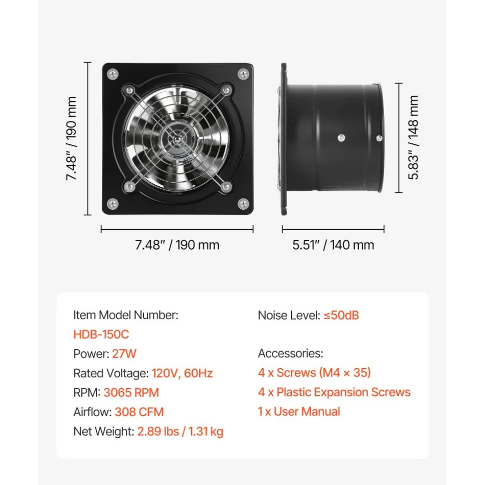 VEVOR 6 Inch Exhaust Fan, 308 CFM High Velocity Wall Mount Vent Fan with On/Off Control, Low Consumption, Portable Ventilation Extractor for Attic,Garage,Basement,Workshop,Kitchen, Chicken Coop,Black