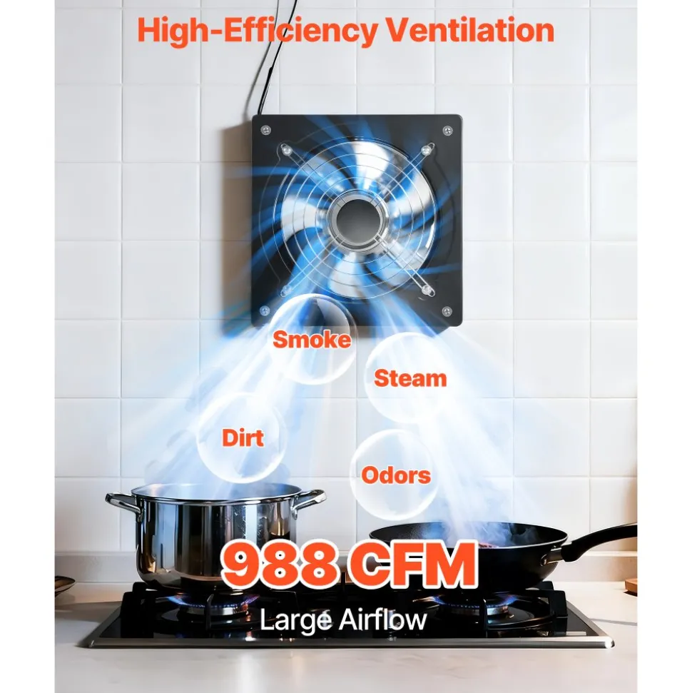 VEVOR 10 Inch Exhaust Fan, 988 CFM High Velocity Wall Mount Vent Fan with On/Off Control, Low Consumption, Portable Ventilation Extractor for Attic,Garage,Basement,Workshop,Kitchen, Chicken Coop,Black
