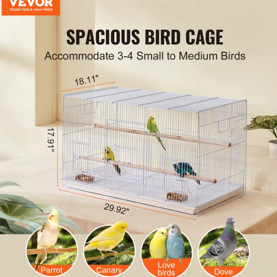 VEVOR 30-inch Flight Bird Cage, Stackable Bird Cage for Small Parrots Canaries Cockatiels Lovebirds Finches Budgies Conures Macaws Pet Travel Birdcage with Handle and Perches