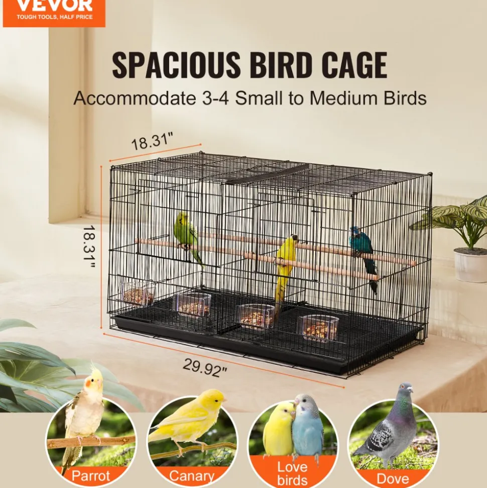 VEVOR 30-inch Flight Bird Cage, Stackable Divided Small Parakeet Cage for Parrots Canaries Cockatiels Lovebirds Finches Budgies Conures Macaws Pet Travel Birdcage with Handle and Perches