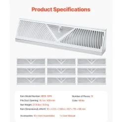 VEVOR 18-Inch Floor Registers, 10-Pack Baseboard Registers, HVAC Heavy-Duty Walkable Iron Floor Vents, Rustproof Anti-Peeling Air Vents Deflector Adjustable with Metal Damper for Home & Office, White