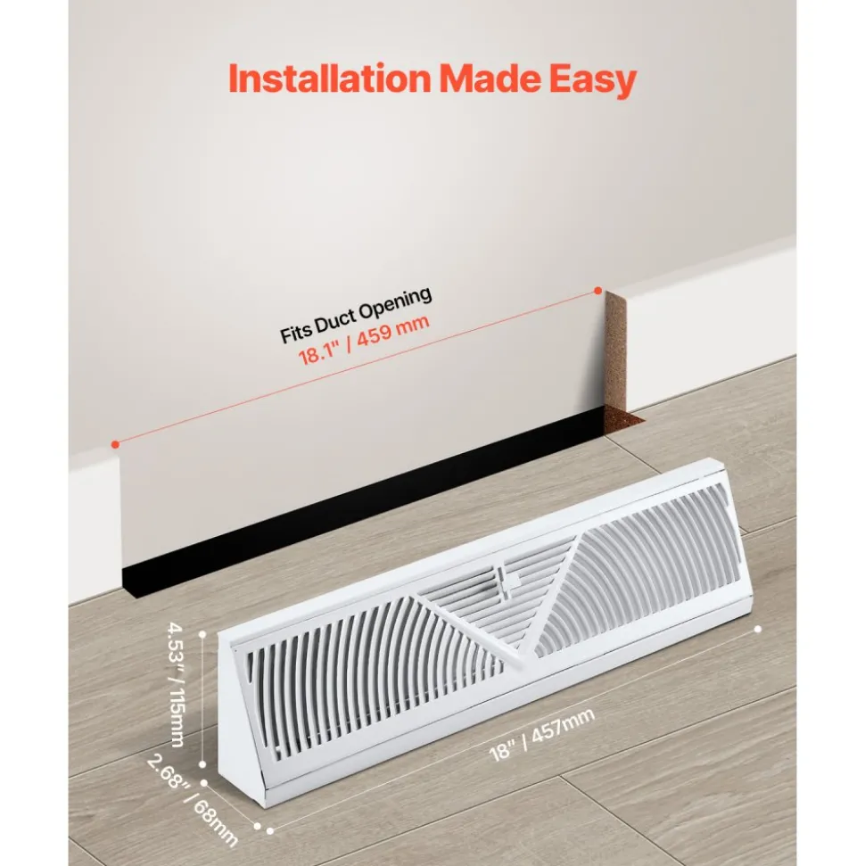 VEVOR 18-Inch Floor Registers, 10-Pack Baseboard Registers, HVAC Heavy-Duty Walkable Iron Floor Vents, Rustproof Anti-Peeling Air Vents Deflector Adjustable with Metal Damper for Home & Office, White