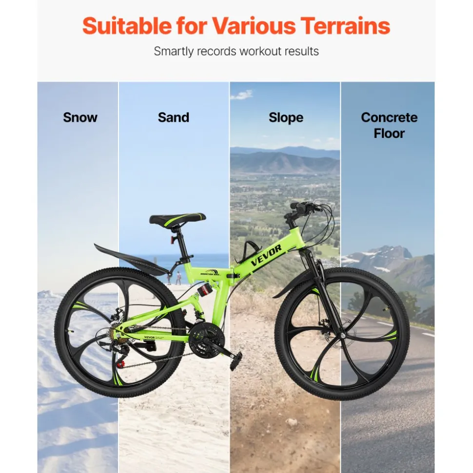 VEVOR 26 inch Folding Mountain Bike, MTB Bicycle with Full Suspension, 21-speed Drivetrain, Comfort Saddle, Disc Brakes, High Carbon Steel Frame, Adult Sport Cycling Bicycle for Men Women Trail Snow