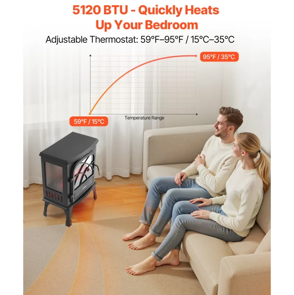 VEVOR 25.5inch Freestanding Fireplaces, 1500W 5120BTU Portable Electric Fireplace Stove Heater, with Overheating Protection,Adjustable Flames,Timer, Remote,for Living Room,Bedroom,Black