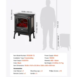 VEVOR 25.5inch Freestanding Fireplaces, 1500W 5120BTU Portable Electric Fireplace Stove Heater, with Overheating Protection,Adjustable Flames,Timer, Remote,for Living Room,Bedroom,Black