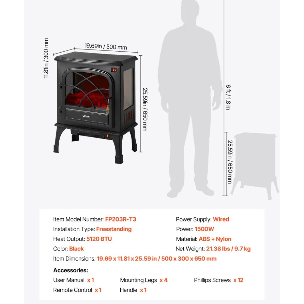 VEVOR 25.5inch Freestanding Fireplaces, 1500W 5120BTU Portable Electric Fireplace Stove Heater, with Overheating Protection,Adjustable Flames,Timer, Remote,for Living Room,Bedroom,Black