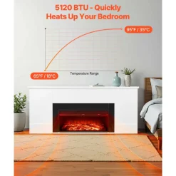 VEVOR 75 inch Freestanding Fireplaces, 1500W 5120BTU Fake Electric Fireplace Stove Heater with Mantel, Overheating Protection, Adjustable Flames,Timer, Remote, for Living Room,Bedroom,White