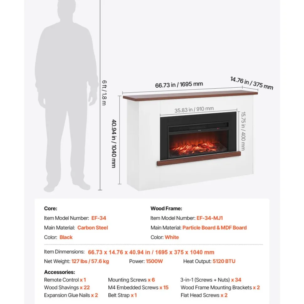 VEVOR 65.5 inch Freestanding Fireplaces, 1500W 5120BTU Fake Electric Fireplace Stove Heater with Mantel, Overheating Protection, Adjustable Flames,Timer, Remote, for Living Room,Bedroom