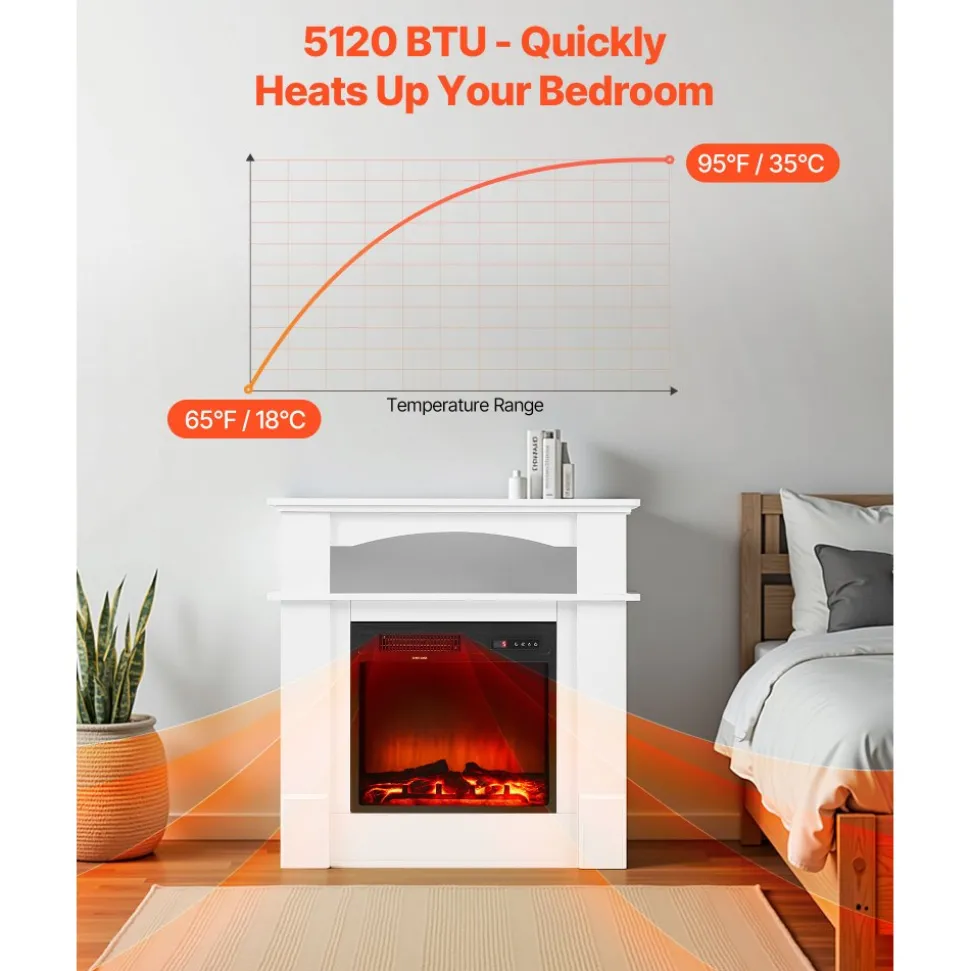 VEVOR 33 inch Freestanding Fireplaces, 1500W 5120BTU Fake Electric Fireplace Stove Heater with Mantel, Overheating Protection, Adjustable Flames,Timer, Remote, for Living Room,Bedroom,White