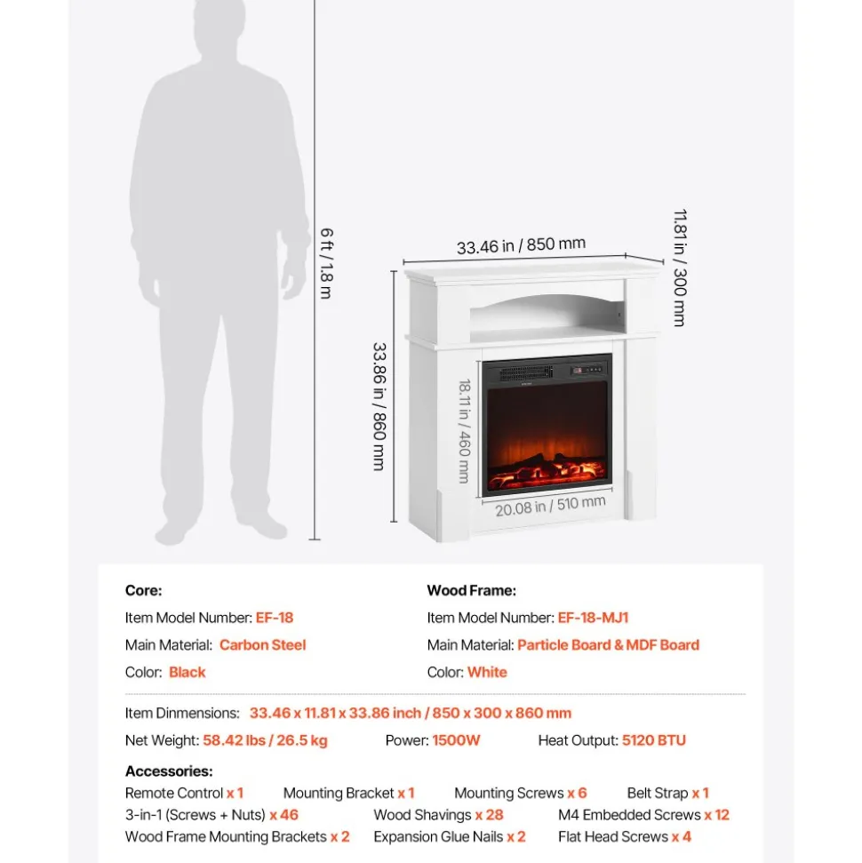 VEVOR 33 inch Freestanding Fireplaces, 1500W 5120BTU Fake Electric Fireplace Stove Heater with Mantel, Overheating Protection, Adjustable Flames,Timer, Remote, for Living Room,Bedroom,White