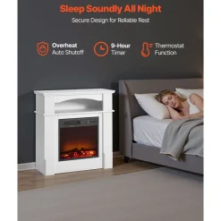 VEVOR 33 inch Freestanding Fireplaces, 1500W 5120BTU Fake Electric Fireplace Stove Heater with Mantel, Overheating Protection, Adjustable Flames,Timer, Remote, for Living Room,Bedroom,White