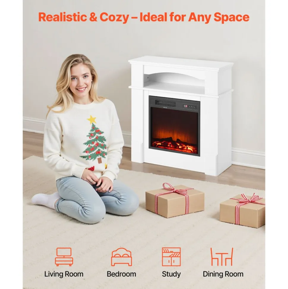 VEVOR 33 inch Freestanding Fireplaces, 1500W 5120BTU Fake Electric Fireplace Stove Heater with Mantel, Overheating Protection, Adjustable Flames,Timer, Remote, for Living Room,Bedroom,White