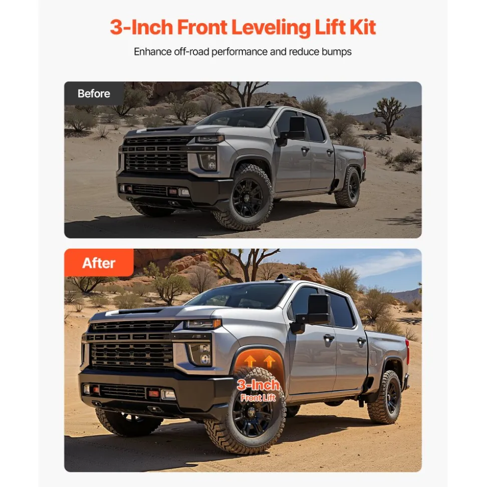 VEVOR 3 Inch Front Leveling Lift Kit for 2001-2010 Chevy Silverado/GMC Sierra 2500HD/3500HD 8-Lug, 01-07 Silverado/Sierra 1500HD, Torsion Bar Keys Suspension Level Kit with 2 Shock Extension Brackets