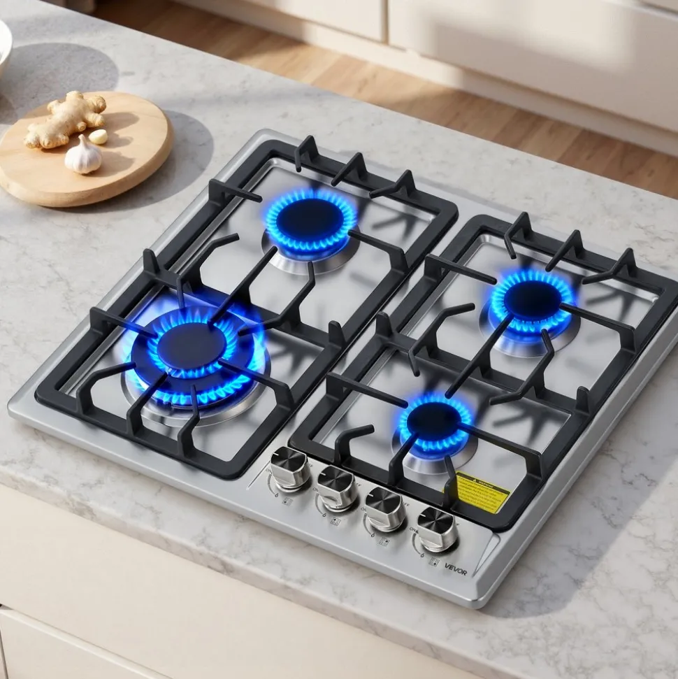 VEVOR 24 inch Gas Cooktop 4 Burners Gas Stove Top, Max 27000BTU Built-in Stainless Steel Stove Top LPG/NG Convertible Dual Fuel Cooktop Stoves with Thermocouple Protection for Kitchen Apartment Rvs