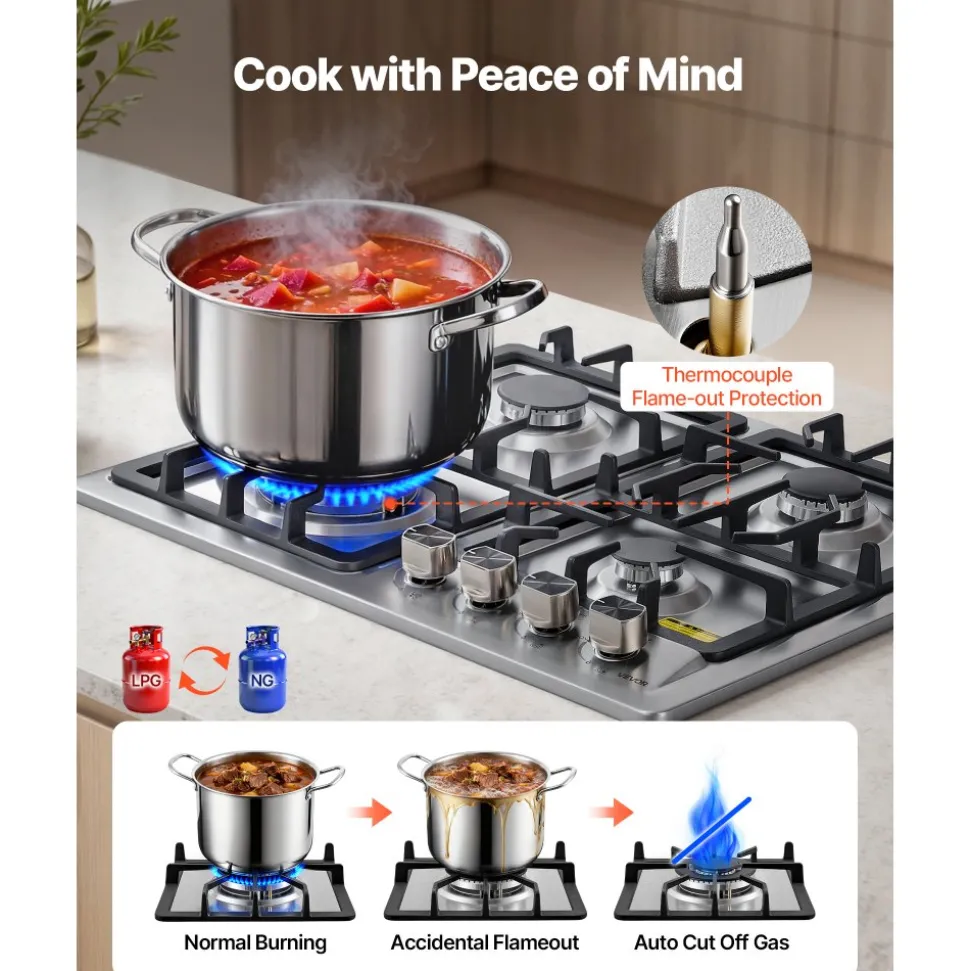 VEVOR 24 inch Gas Cooktop 4 Burners Gas Stove Top, Max 27000BTU Built-in Stainless Steel Stove Top LPG/NG Convertible Dual Fuel Cooktop Stoves with Thermocouple Protection for Kitchen Apartment Rvs