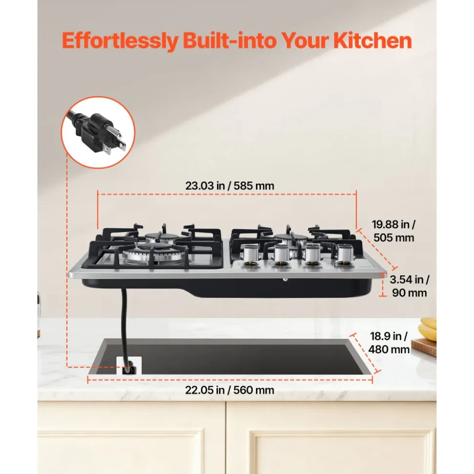 VEVOR 24 inch Gas Cooktop 4 Burners Gas Stove Top, Max 27000BTU Built-in Stainless Steel Stove Top LPG/NG Convertible Dual Fuel Cooktop Stoves with Thermocouple Protection for Kitchen Apartment Rvs