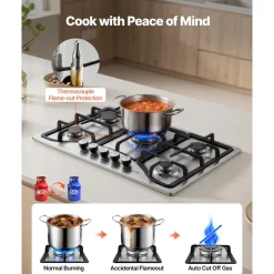 VEVOR 30-inch Gas Cooktop, 5 Burners Built-in Gas Stove Top, Max 12250BTU NG/LPG Convertible Stainless Steel Natural Gas Hob, with Thermocouple Protection for Camping, RV, Apartment