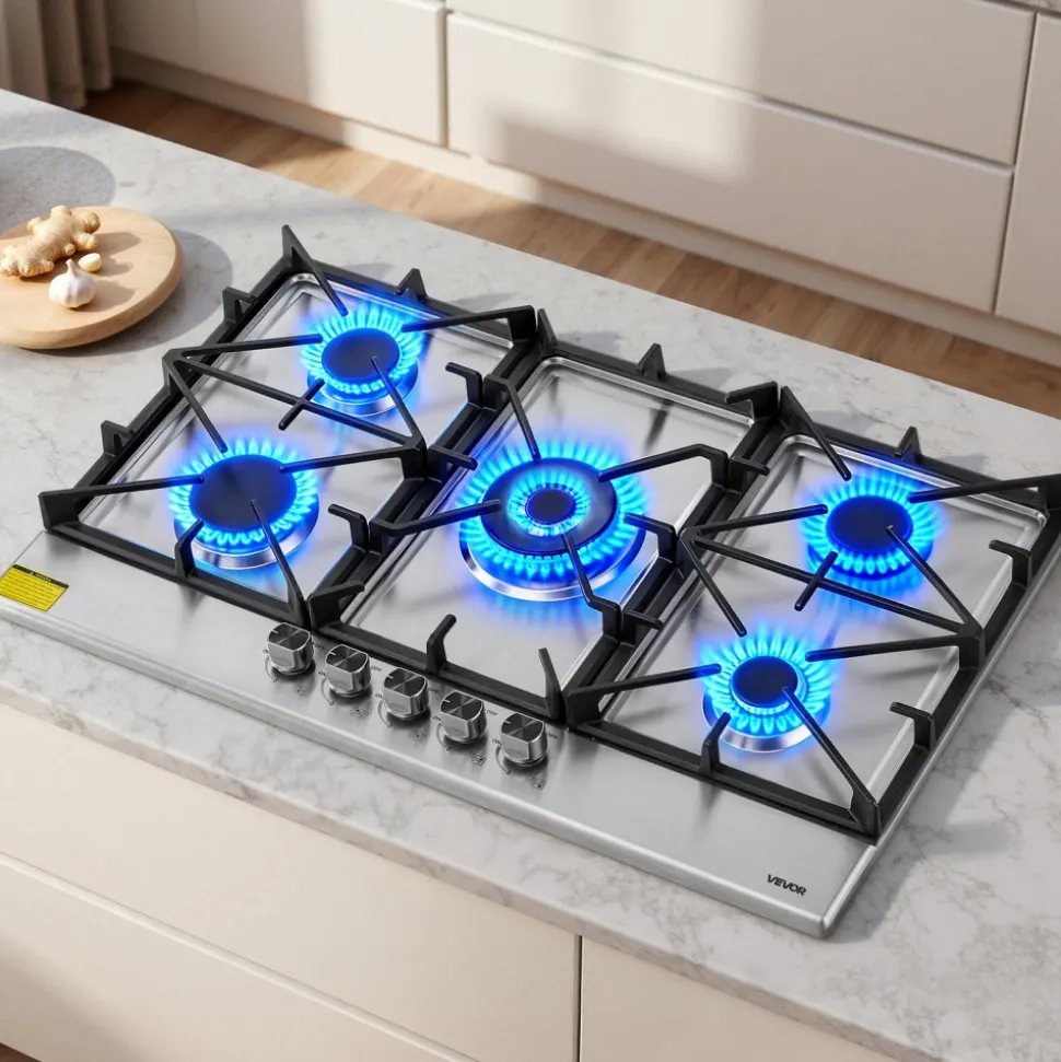 VEVOR 36 inch Gas Cooktop 5 Burners Gas Stove Top, Max 38300BTU Built-in Stainless Steel Stove Top LPG/NG Convertible Dual Fuel Cooktop Stoves with SABAF Dual-Ring Burner for Kitchen Apartment Rvs
