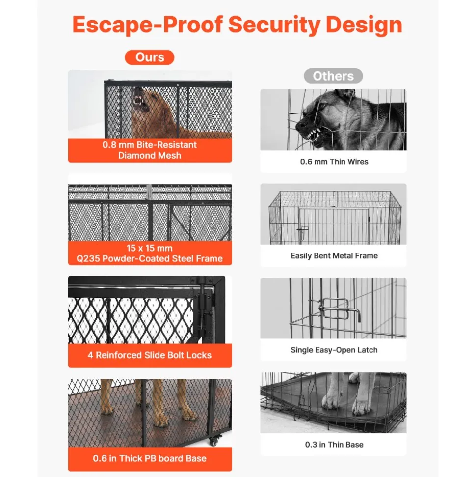 VEVOR 64 Inch Heavy Duty Dog Crate, Max Load Capacity 300 lbs, Indestructible Escape-Proof Dog Kennel Indoor for High Anxiety Large Breeds, Steel Metal Pet Cage with Double Doors & Lockable Wheels