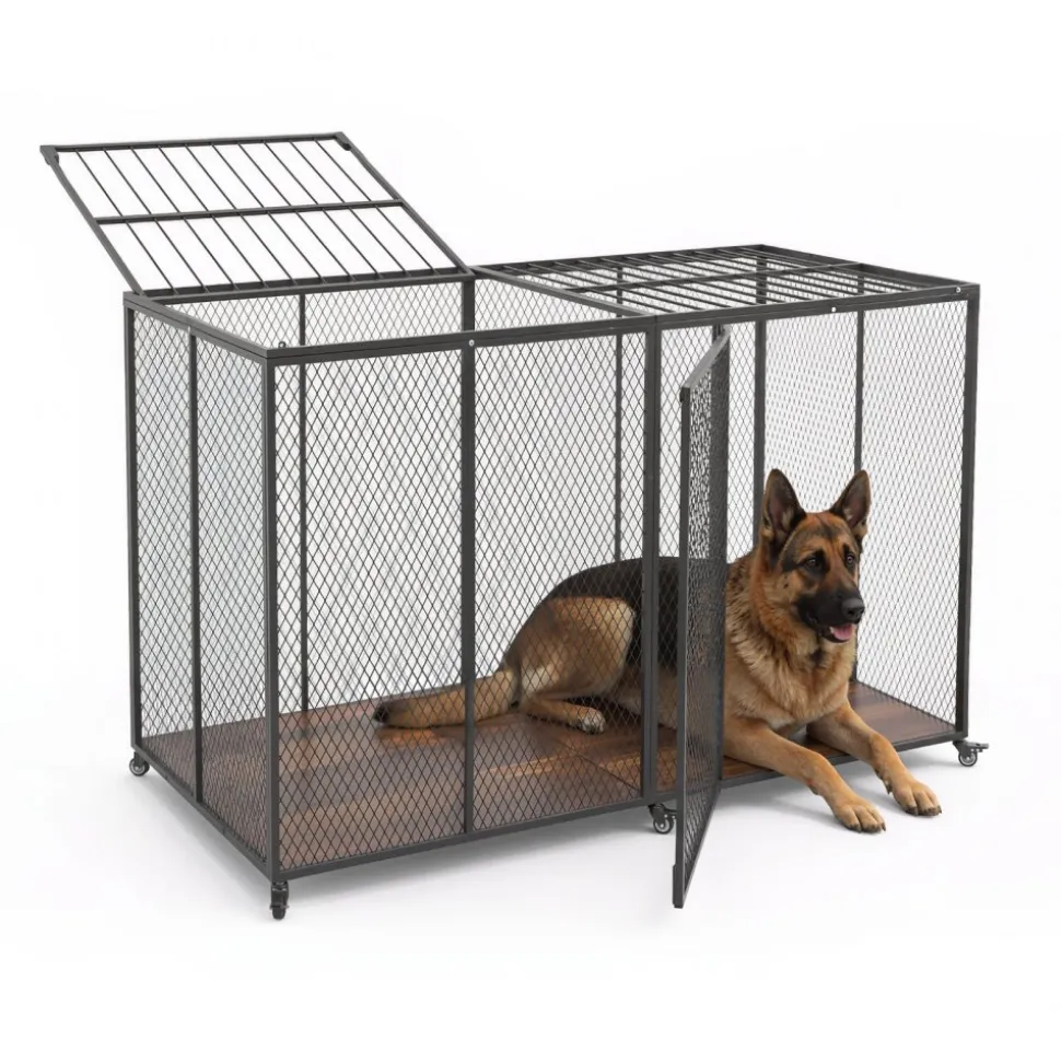 VEVOR 64 Inch Heavy Duty Dog Crate, Max Load Capacity 300 lbs, Indestructible Escape-Proof Dog Kennel Indoor for High Anxiety Large Breeds, Steel Metal Pet Cage with Double Doors & Lockable Wheels