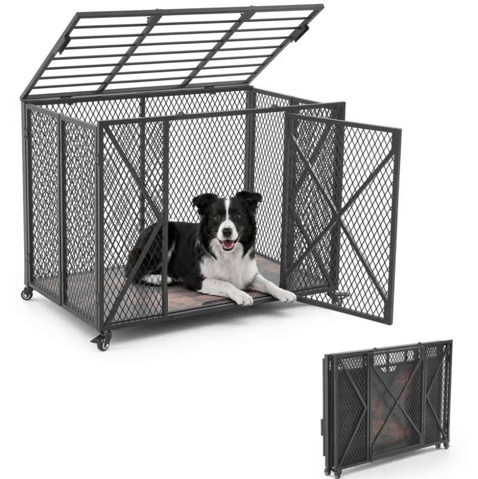 VEVOR 38 Inch Heavy Duty Dog Crate, Max Load 250 lbs, Foldable Indestructible Escape-Proof Dog Kennel Indoor for High Anxiety Small & Medium Breeds, Steel Pet Cage with Double Doors & Lockable Wheels