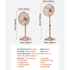 VEVOR 16-Inch High Velocity Pedestal Fan, 1450 CFM Industrial Standing Floor Fan with Handle, 75° Oscillating, 3-Speed Adjustable Height, Metal Made for Commercial, Garage, Workshop, Home, Copper