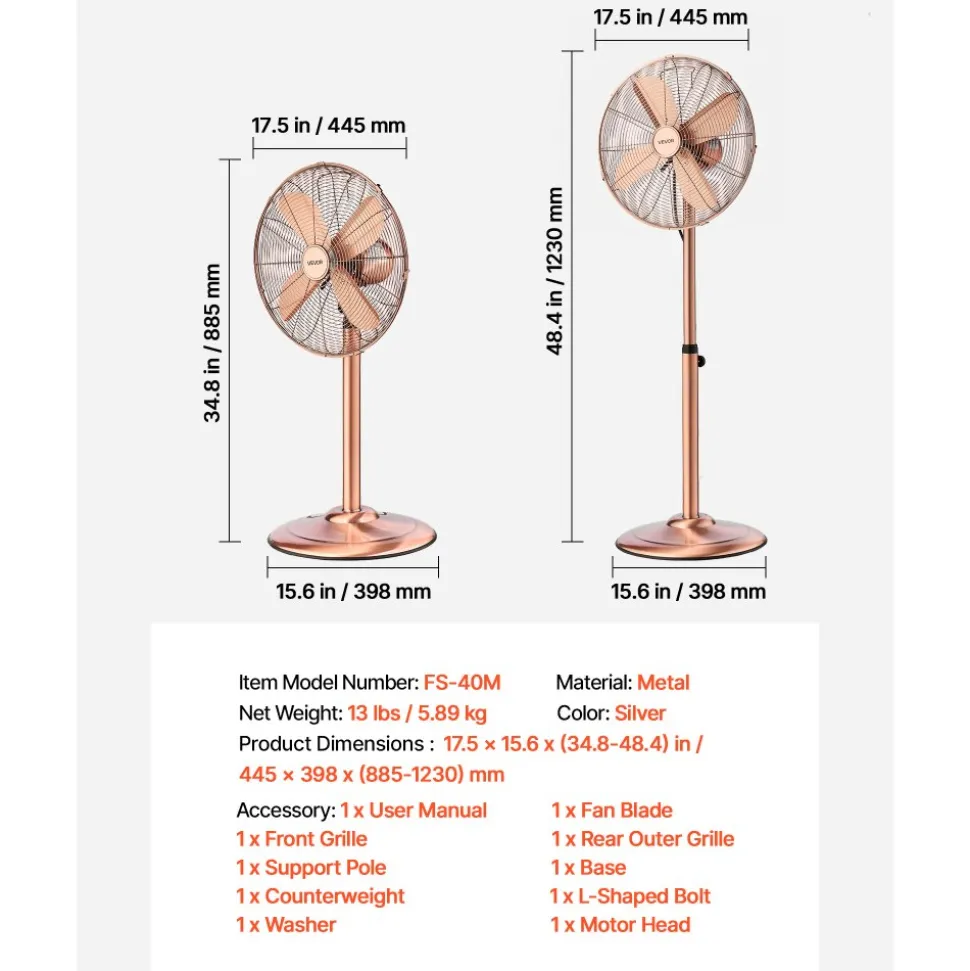VEVOR 16-Inch High Velocity Pedestal Fan, 1450 CFM Industrial Standing Floor Fan with Handle, 75° Oscillating, 3-Speed Adjustable Height, Metal Made for Commercial, Garage, Workshop, Home, Copper