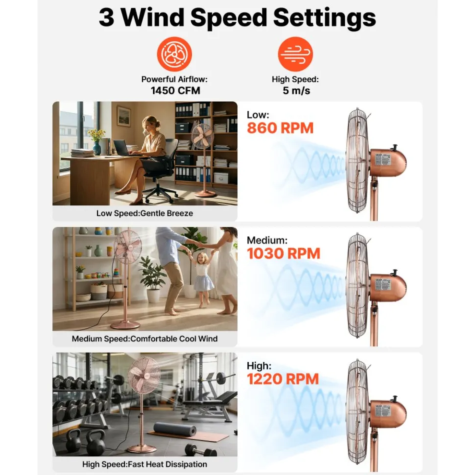 VEVOR 16-Inch High Velocity Pedestal Fan, 1450 CFM Industrial Standing Floor Fan with Handle, 75° Oscillating, 3-Speed Adjustable Height, Metal Made for Commercial, Garage, Workshop, Home, Copper