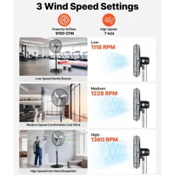 VEVOR 30-Inch High Velocity Pedestal Fan, 9100 CFM Industrial Standing Floor Fan with 85° Oscillating, 3-Speed Adjustable Height, IP44 Waterproof, Carbon Steel for Commercial, Garage, Workshop, Black