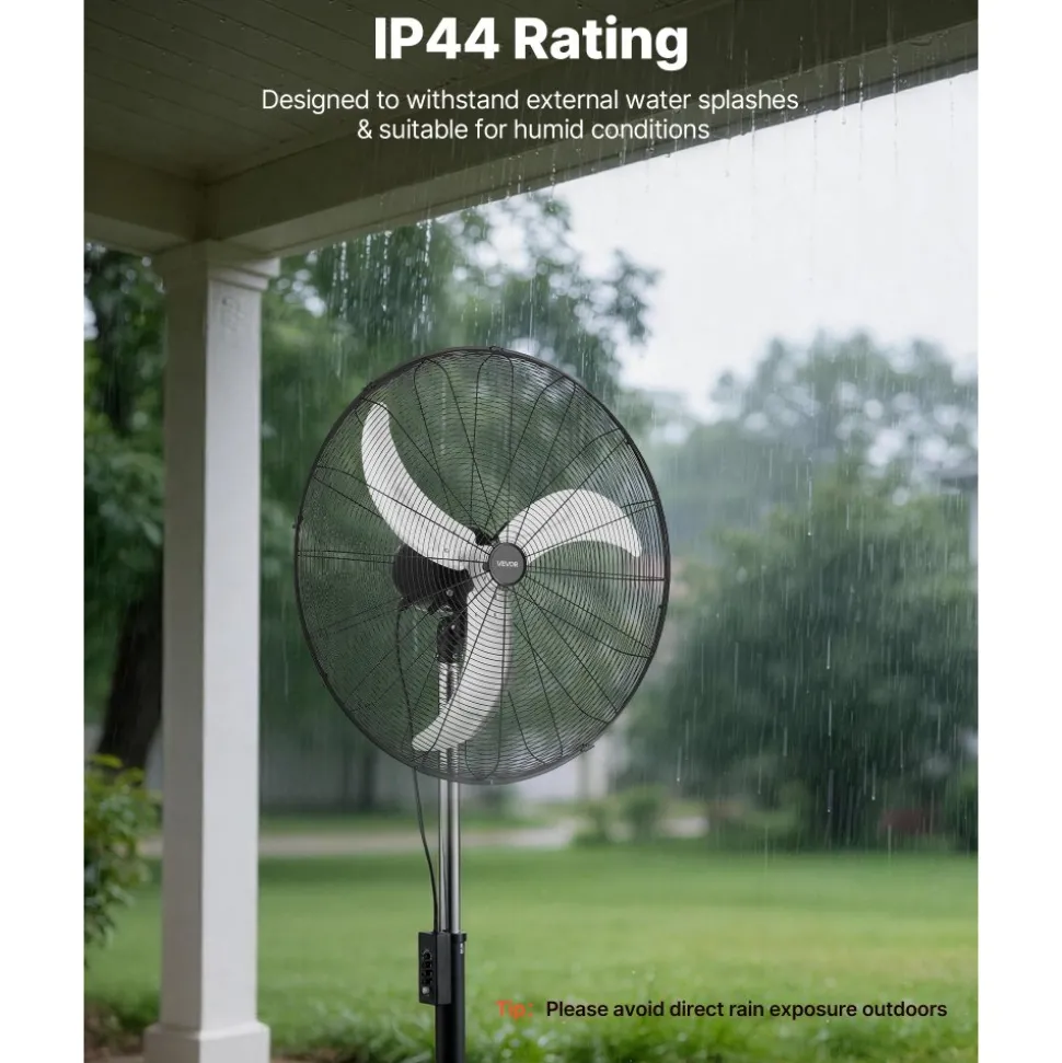 VEVOR 30-Inch High Velocity Pedestal Fan, 9100 CFM Industrial Standing Floor Fan with 85° Oscillating, 3-Speed Adjustable Height, IP44 Waterproof, Carbon Steel for Commercial, Garage, Workshop, Black