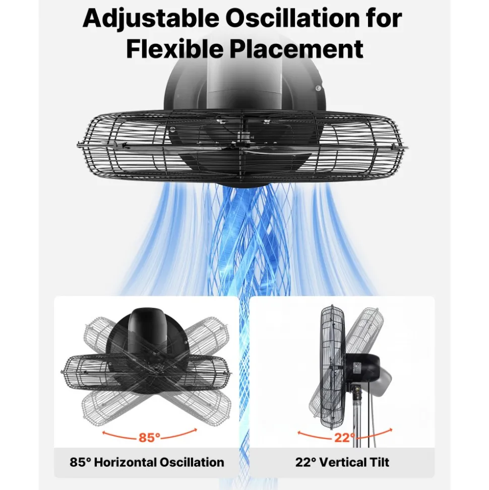 VEVOR 30-Inch High Velocity Pedestal Fan, 9100 CFM Industrial Standing Floor Fan with 85° Oscillating, 3-Speed Adjustable Height, IP44 Waterproof, Carbon Steel for Commercial, Garage, Workshop, Black