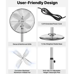 VEVOR 24-Inch High Velocity Pedestal Fan, 6800 CFM Industrial Standing Floor Fan with 85° Oscillating, 3-Speed Adjustable Height, IP44 Waterproof, Carbon Steel for Commercial, Garage, Workshop, Black