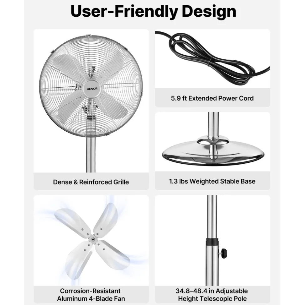 VEVOR 24-Inch High Velocity Pedestal Fan, 6800 CFM Industrial Standing Floor Fan with 85° Oscillating, 3-Speed Adjustable Height, IP44 Waterproof, Carbon Steel for Commercial, Garage, Workshop, Black