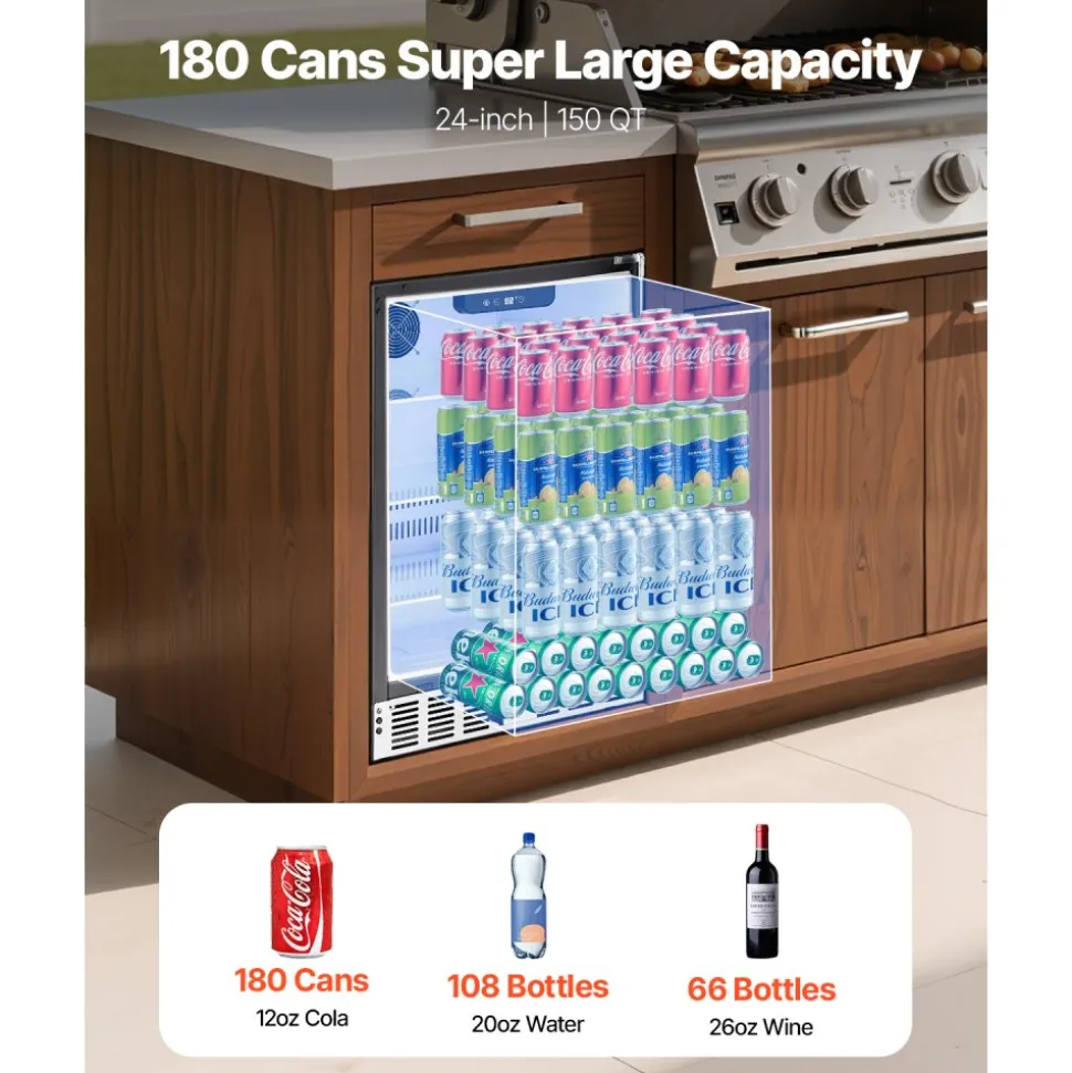 VEVOR 24-Inch Indoor/Outdoor Beverage Refrigerator, 150 QT Freestanding or Undercounter Beverage Fridge, 180 Cans Built-in Beer Fridge with Metal Plate Body for Residential Home Bar Commercial Use