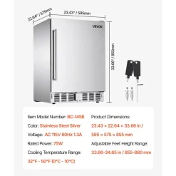 VEVOR 24-Inch Indoor/Outdoor Beverage Refrigerator, 150 QT Freestanding or Undercounter Beverage Fridge, 180 Cans Built-in Beer Fridge with Stainless Steel Body for Residential Home Bar Commercial Use