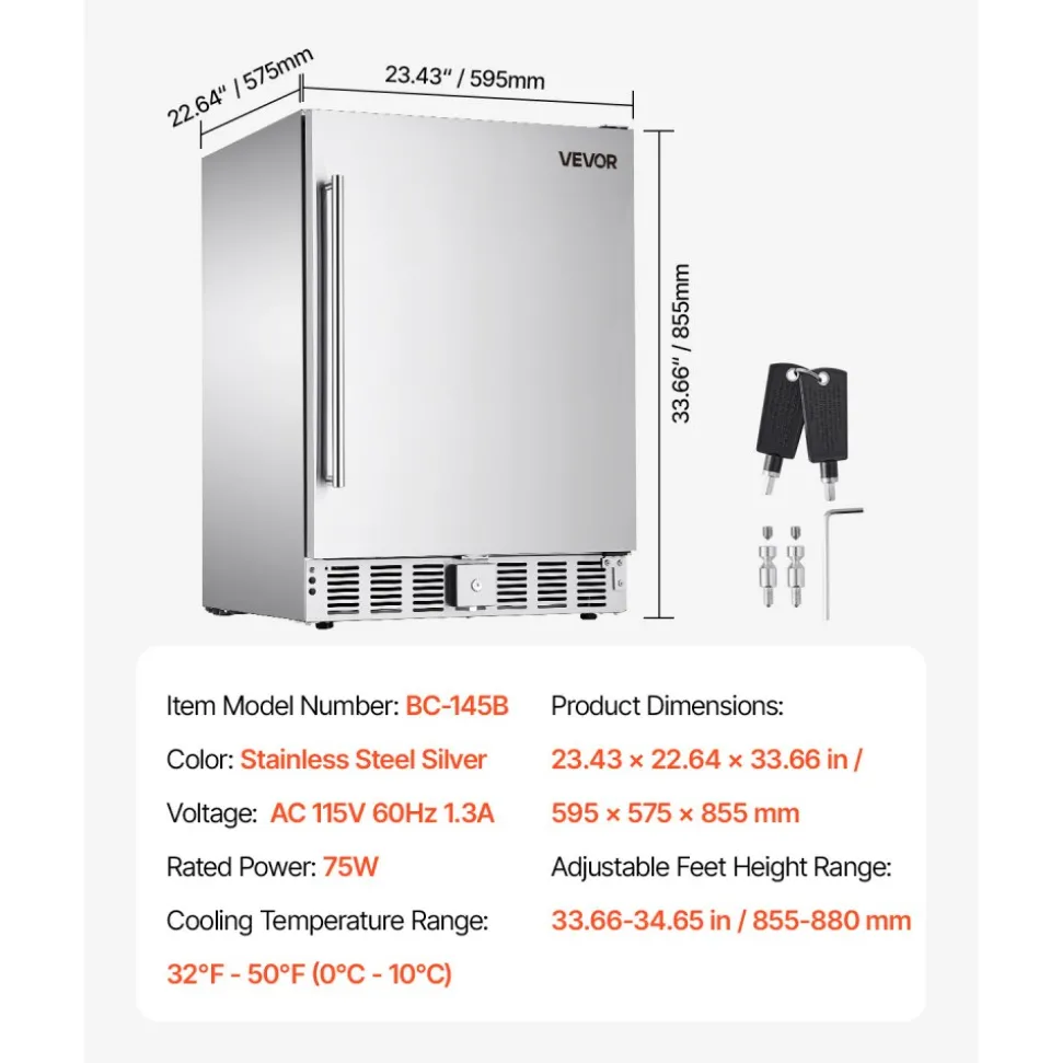 VEVOR 24-Inch Indoor/Outdoor Beverage Refrigerator, 150 QT Freestanding or Undercounter Beverage Fridge, 180 Cans Built-in Beer Fridge with Stainless Steel Body for Residential Home Bar Commercial Use